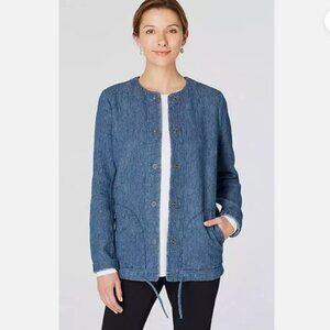 J.Jill Indigo Cinch Hem Textured Cotton Snap Front Jacket with Pockets - S